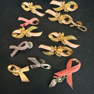 Gold and Pink Awareness Ribbon Brooch Set